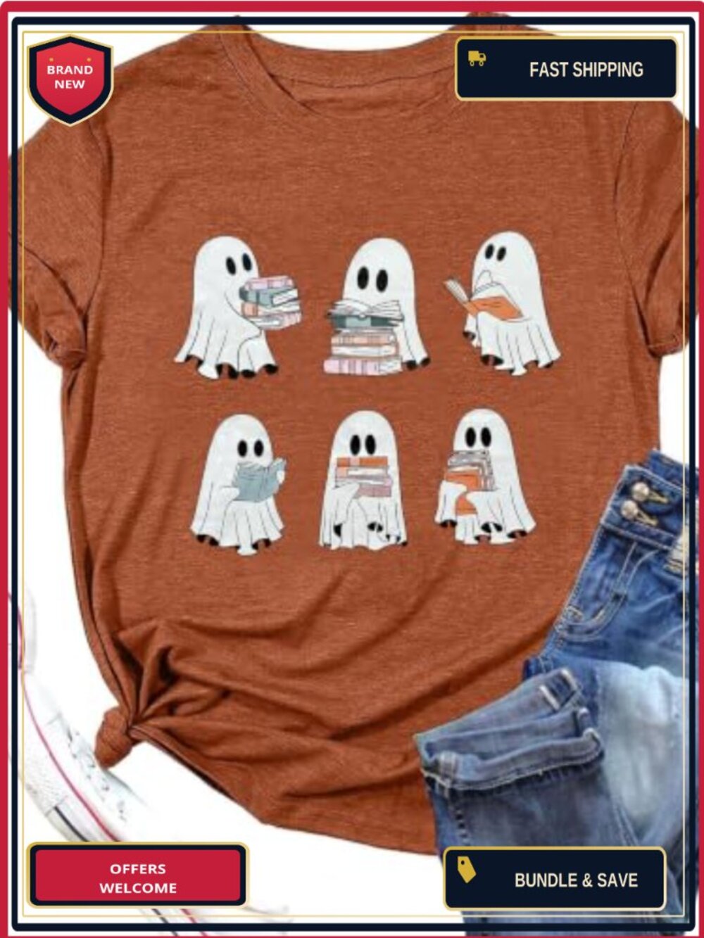 Halloween Teacher T-Shirt Ghost Reading Book Short Sleeve Tee